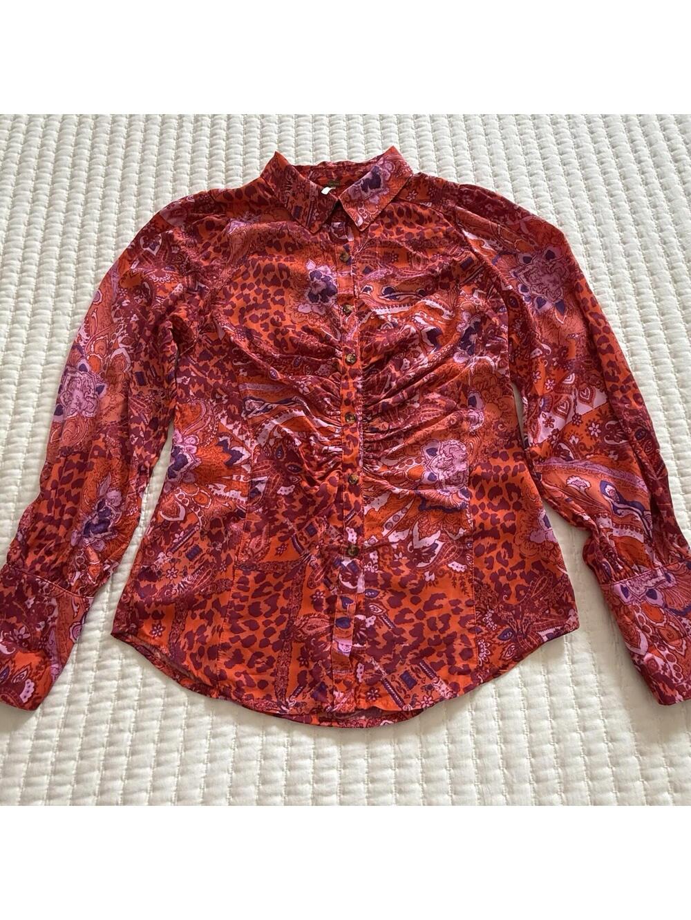 Free People Bianca S Small Button Up Top Red Orange Animal & Floral Print Boho